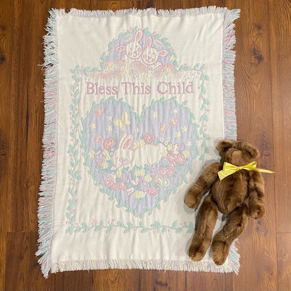 🧸Vintage Beacon ‘Bless This Child’ Pastel Baby Blanket